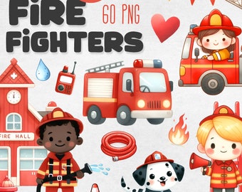 Cute Firefighters Clipart Bundle, Watercolor Fire Department PNG, Firemen, Fire Truck, Hydrant, Dog, Birthday Party Decor, Instant Download