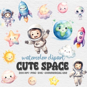 Cute Space Clipart Bundle, Watercolor Clipart, Happy Astronaut Outerspace Stars Plants Moon Spaceship, PNG & SVG, Digital Print, Sublimation