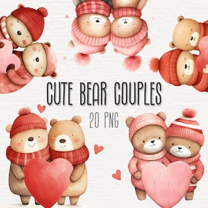 Cute Bear Couples Clipart Bundle, Cute Bears, Teddy Bear, Animal couple, Valentines Day, Romantic PNG, Love Heart, Nursery, Commercial Use