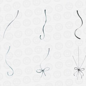 May include: Six different styles of black ribbon with a bow at the end of each ribbon. The ribbons are on a white background with a subtle pattern.