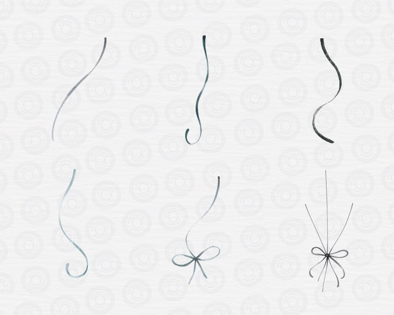 May include: Six different styles of black ribbon with a bow at the end of each ribbon. The ribbons are on a white background with a subtle pattern.