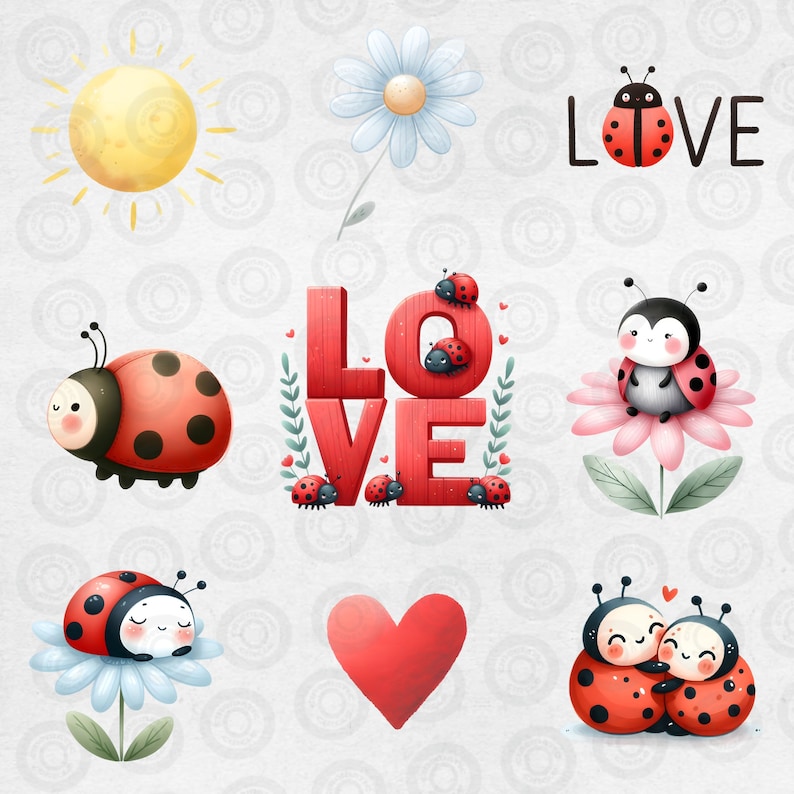 Puede incluir: Una ilustraci&oacute;n digital de un coraz&oacute;n rojo, una margarita, un sol y varias mariquitas. La palabra "LOVE" est&aacute; escrita en letras rojas con mariquitas en las letras. Algunas mariquitas est&aacute;n en flores, y otras se abrazan.