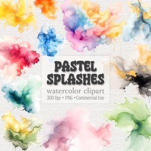 Pacchetto Clip Art acquerello pastello Splash, Png colore Splash, Grafica colorata con tratti di pennello pastello, Uso commerciale, Download istantaneo digitale