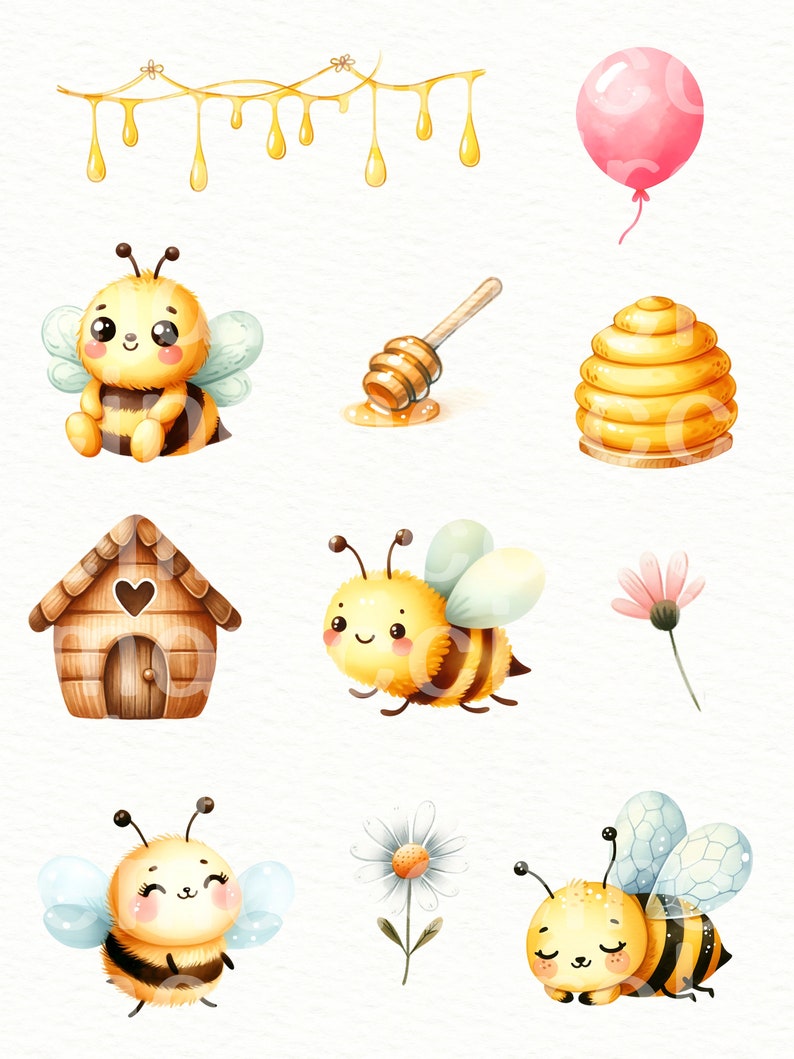 May include: A set of watercolor illustrations featuring cute cartoon bees, a honeycomb, a beehive, a honey dipper, a wooden house, a pink balloon, and flowers. The illustrations are perfect for adding a touch of whimsy to any project.