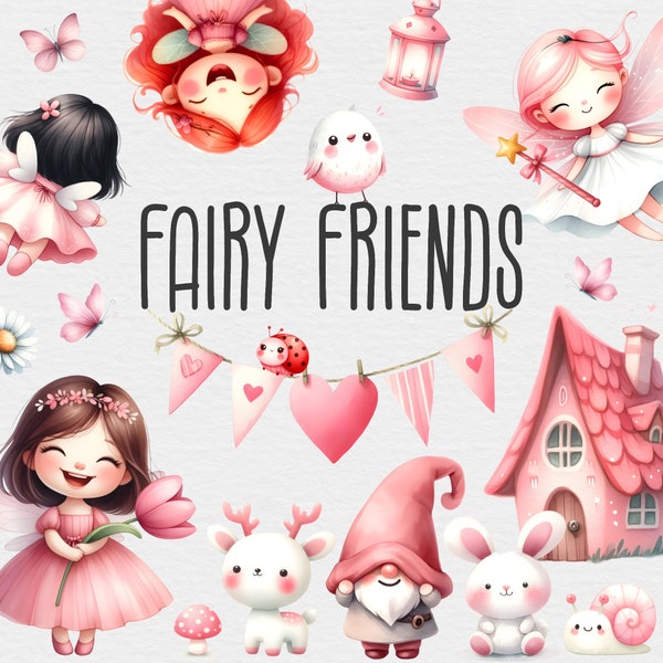 Fairy Friends Clipart Bundle, Pink Fairy Garden, Magical Enchanted Forest, Butterfly, Watercolor Flower Graphics, Fantasy, Digital Download