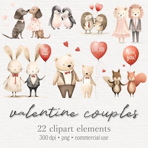 Paquete de imágenes prediseñadas de pareja de animales de San Valentín, parejas románticas de animales del día de San Valentín, globo de corazón de acuarela PNG, refranes de amor, uso comercial