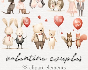 Paquete de imágenes prediseñadas de pareja de animales de San Valentín, parejas románticas de animales del día de San Valentín, globo de corazón de acuarela PNG, refranes de amor, uso comercial
