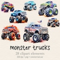 Watercolor Monster Truck Clipart Bundle, Extreme Vehicle, American Monster Trucks, Monster Truck PNG Set, Digital Download, Commercial Use