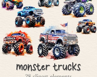 Watercolor Monster Truck Clipart Bundle, Extreme Vehicle, American Monster Trucks, Monster Truck PNG Set, Digital Download, Commercial Use
