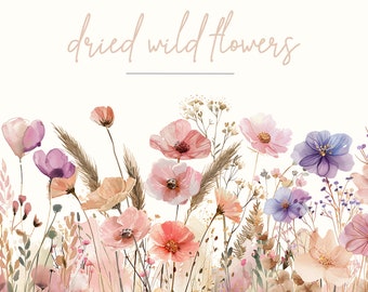 Dried Wild Flowers Clipart Bundle, Watercolor Floral PNG, Dried Plants, Wedding Graphics, Autumn, Floral Borders, Boho Meadow, Pink Flowers