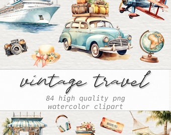 84 Vintage Travel Clipart Bundle, Summer Travel PNG, Watercolor Vacation Holiday Illustrations, Planner, Adventure, Instant Digital Download