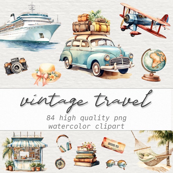 84 Vintage Travel Clipart Bundle, Summer Travel PNG, Watercolor Vacation Holiday Illustrations, Planner, Adventure, Instant Digital Download