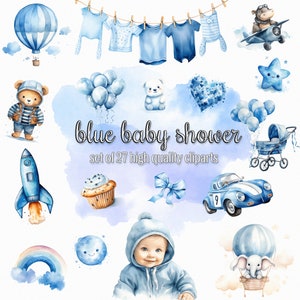 Paquete de imágenes prediseñadas de baby shower en acuarela, color pastel azul, hito del bebé, niño, recién nacido, gráficos de decoración de guardería, PNG SVG, uso comercial