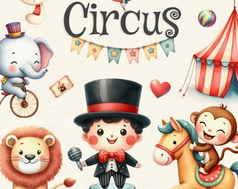 65 Circus Show Clipart Bundle, Cute Animals Illustration, Watercolor Balloons PNG, Clown, Popcorn, Party Tent, Baby Shower, Digital Download