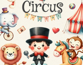 65 Paquete de imágenes prediseñadas de espectáculo de circo, Ilustración de animales lindos, Globos de acuarela PNG, Payaso, Palomitas de maíz, Tienda de campaña, Baby Shower, Descarga digital