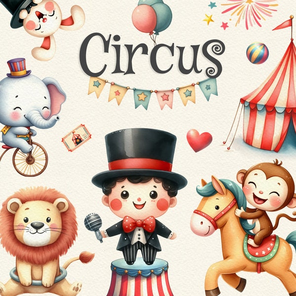 65 Circus Show clipart bundel, schattige dieren illustratie, aquarel ballonnen PNG, clown, popcorn, feesttent, babyshower, digitale download