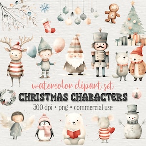54 personagens fofinhos de Natal, pacote aquarela XMAS PNG, renas, Papai Noel, bonecos de neve, pão de gengibre, árvore de Natal, animais bebês, uso comercial
