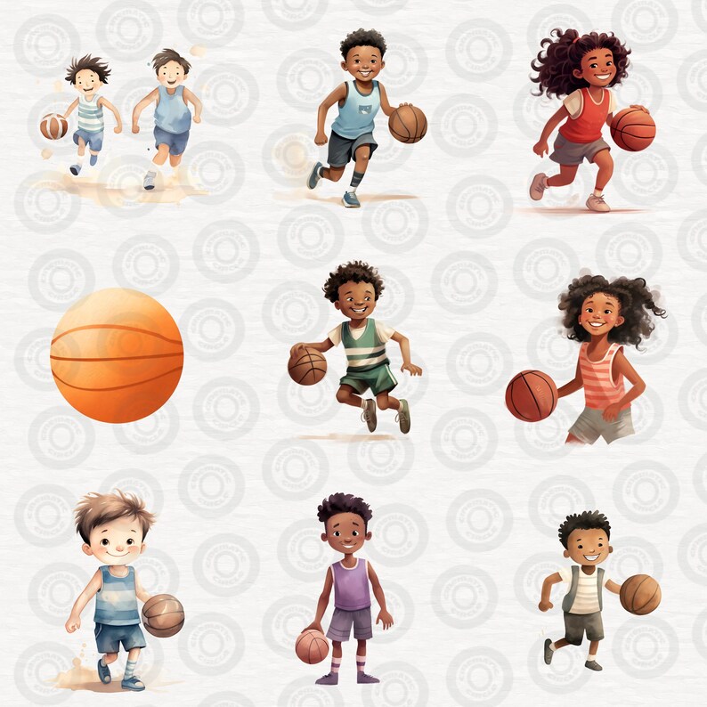 Watercolor Basketball Clipart Bundle, Cute Kids Playing Basketball ...