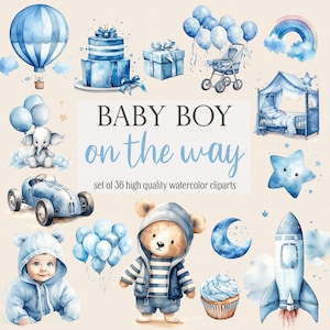 Baby Boy Clipart Bundle, Baby aquarel grafische elementen, teddybeer, ballon, pasgeboren, blauwe vintage, kinderkamer decor, PNG SVG, commercieel gebruik