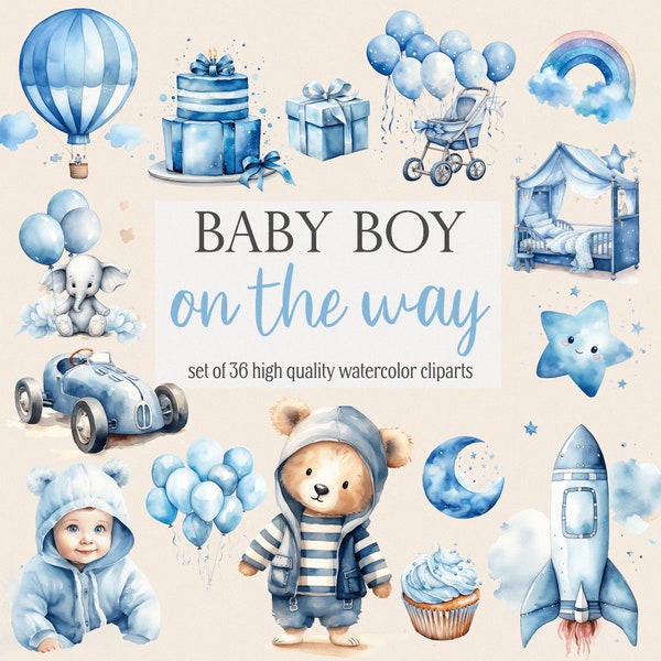 Baby Boy Clipart Bundle, Baby watercolor graphic elements, teddybear, balloon, newborn, blue vintage, nursery decor, PNG SVG, commercial use