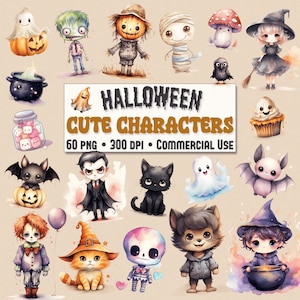 Halloween Cute Characters Clipart Bundle, Watercolor Ghost Witch Vampire Bat Zombie,Kawaii, Spooky Pastel 60 PNG Graphics for Commercial Use