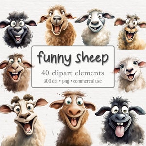 Paquete de imágenes prediseñadas de ovejas divertidas y locas, PNG de ovejas, gráficos de animales de granja lindos de acuarela, cara de oveja divertida, uso comercial, descarga digital