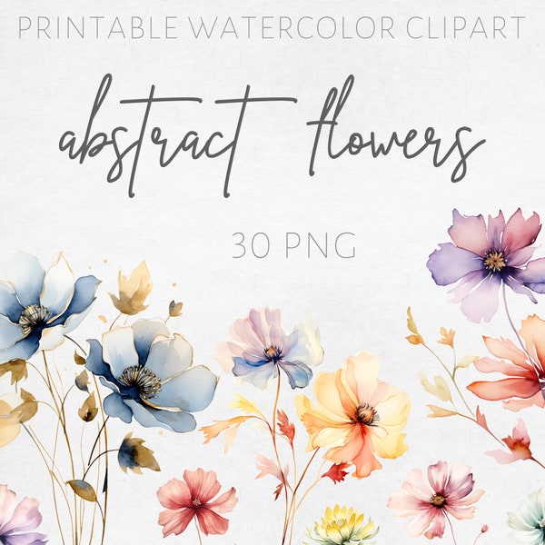 Abstract Flowers Clipart Bundle, Dried Flowers PNG, Printable Wildflowers, Floral Watercolor Clip Art, Transparent, Digital Instant Download