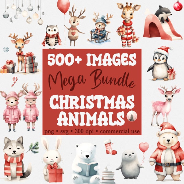 Cute Christmas Animal Mega Clipart Bundle, Christmas gift clipart, Winter clipart, Watercolor Clipart, XMAS Bundle, SVG, PNG, Commercial Use