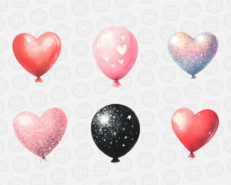 May include: Six heart-shaped balloons in various colors and patterns.  There are two red balloons, one pink glitter balloon, one black glitter balloon, and two pink balloons with white hearts.