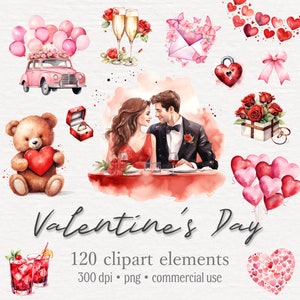 120+ Aquarelle Valentine’s Day Clipart Bundle, Rouge et Rose Valentine Graphics, Love Couple, Roses, Romantique PNG, Téléchargement numérique instantané