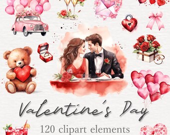 Más de 120 paquetes de imágenes prediseñadas del Día de San Valentín en acuarela, gráficos de San Valentín rojos y rosas, pareja de amor, rosas, PNG romántico, descarga digital instantánea