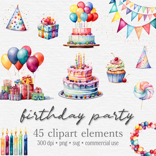 Watercolor Happy Birthday Clipart Set, Birthday Party PNG SVG, Balloons, Birthday Invitations, Card, Decor, Digital Download, Commercial Use