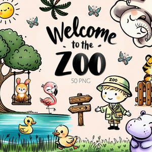 Bienvenue dans le pack d'images clipart du zoo, animaux de safari PNG, voyage au zoo pour enfants, fête de bébé, bébés mignons de la jungle, art d'anniversaire, téléchargement instantané numérique