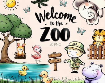 May include: Welcome to the Zoo! A colorful illustration with a variety of animals, including a pink flamingo, a brown rabbit, a blue hippopotamus, a tiger, and a cartoon elephant. The illustration also includes a green tree, a yellow sun, a wooden sign, and a cartoon person wearing a hat.