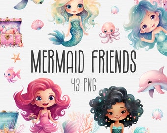 May include: A set of 43 digital illustrations featuring mermaids, sea creatures, and underwater scenes. The illustrations are in a cartoon style and feature bright colors. The set includes mermaids with pink, blue, and green tails, a dolphin, a turtle, a crab, and a seashell.