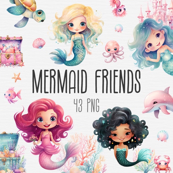 Pacchetto clipart sirena carina, set PNG amici sirena acquerello, simpatici animali marini, oceano, sotto il mare, cavalluccio marino, delfino, uso commerciale