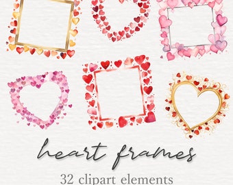 Paquete de imágenes prediseñadas de marcos de corazón, bordes de acuarela del día de San Valentín, marcos antiguos PNG, fabricación de tarjetas, uso comercial, descarga digital instantánea