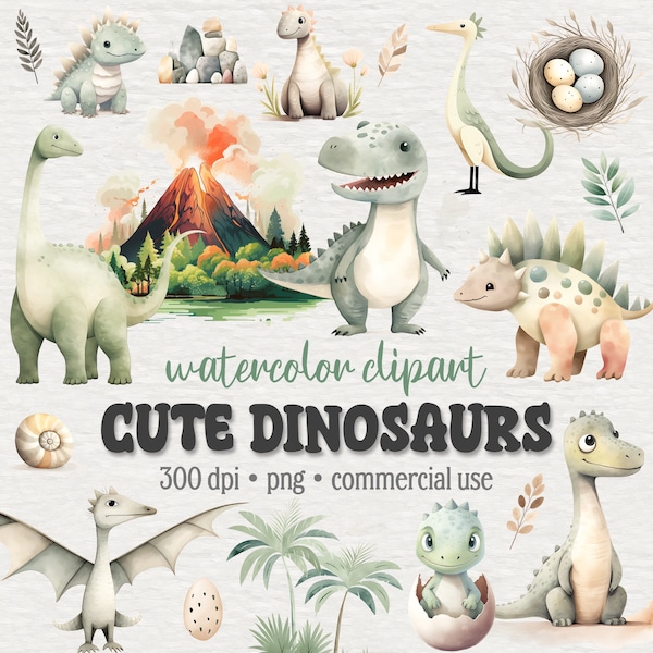 Cute Dinosaurs Clipart Bundle, Watercolor Dinosaur PNG, baby nursery decor, dino baby shower, boho Dinosaur birthday party, digital download