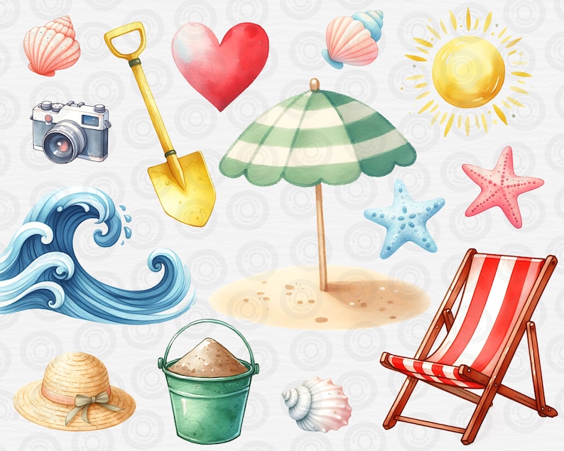 Sunny Beach Day Clipart Bundle, Watercolor Summer, Cute Undersea, Vacation PNG, Seasonal Clip Art, Travel, Nursery Decor, Instant Download zdjęcie 5