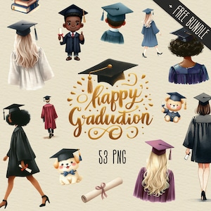 Graduation Clipart Bundle, Watercolor Graduation Hat Cap, Graduation Clip Art, Cute Teddy Bear, School PNG, Abitur, Digital Instant Download