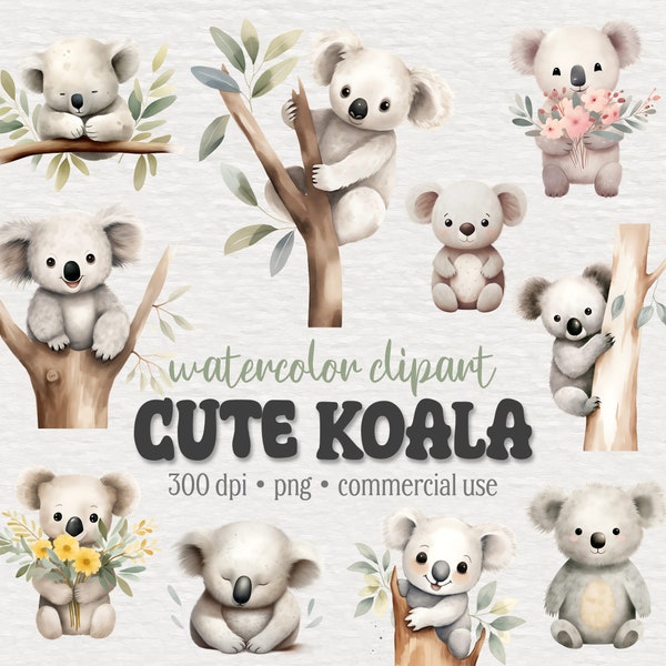 Koala clipart bundle, mignon koala aquarelle png, bébé koala, bébés animaux, graphiques Eucalyptus, baby shower, décor de crèche, utilisation commerciale