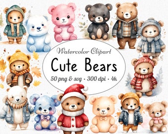 Watercolor Cute Bear Clipart Bundle, Teddy Bear PNG SVG, 50 Baby Animal Cliparts for Nursery Decor, Paper Crafts, Sublimation Commercial Use