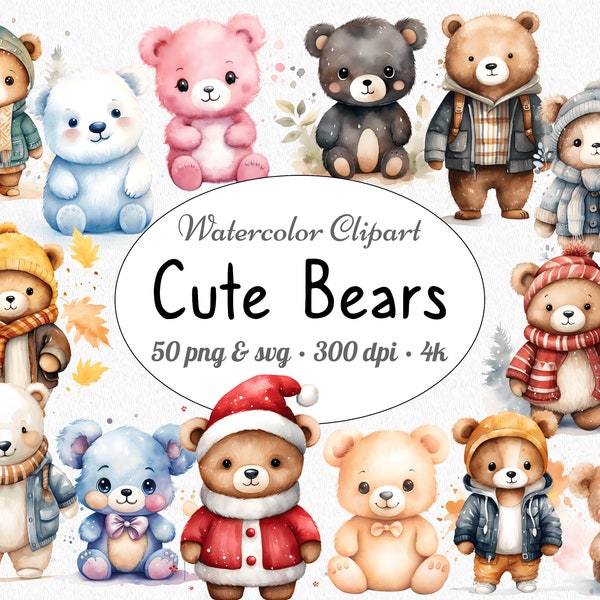 Pacchetto di clipart dell'orso carino dell'acquerello, orsacchiotto PNG SVG, 50 clipart di animali per bambini per la decorazione della scuola materna, artigianato di carta, uso commerciale di sublimazione