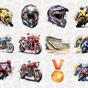 May include: A watercolor illustration of a motorcycle race with various motorcycles, riders, and helmets. The illustration includes a checkered flag, a grandstand, and a gold medal.