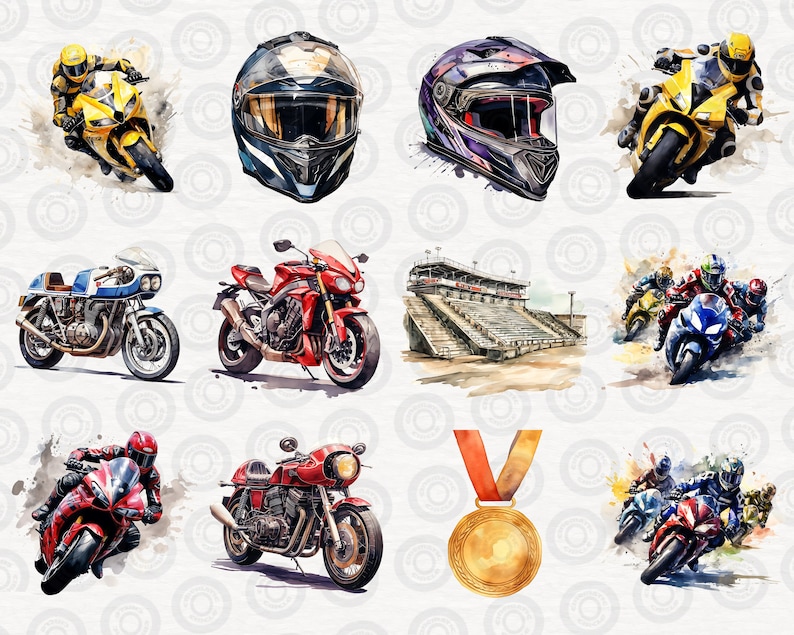 May include: A watercolor illustration of a motorcycle race with various motorcycles, riders, and helmets. The illustration includes a checkered flag, a grandstand, and a gold medal.