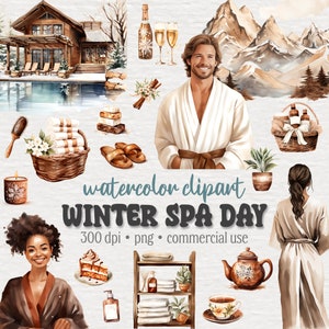 Winter Spa clipart bundel, gezellige winter aquarel PNG graphics, zelfzorg en gezondheid, tijd om te ontspannen, romantisch, Cottagecore, commercieel gebruik