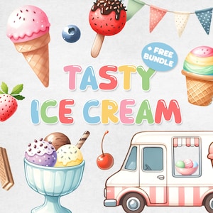 Tasty Ice Cream Clipart Bundle, Ice Cream Builder DIY, Popsicle PNG, Build Your Own, Waffle, Cone, Sundae, Truck, Digital Instant Download