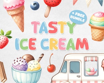 Tasty Ice Cream Clipart Bundle, Ice Cream Builder DIY, Popsicle PNG, Build Your Own, Waffle, Cone, Sundae, Truck, Digital Instant Download