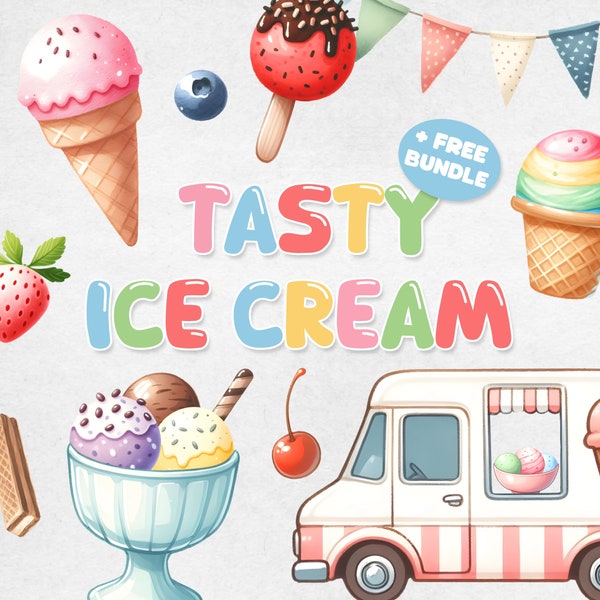 Tasty Ice Cream Clipart Bundle, Ice Cream Builder DIY, Popsicle PNG, Build Your Own, Waffle, Cone, Sundae, Truck, Digital Instant Download