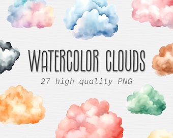 Watercolor Clouds Clipart Bundle, colorful pastel cloud png, rainbow clipart, blue, pink, purple, red, Digital Download, Free Commercial Use